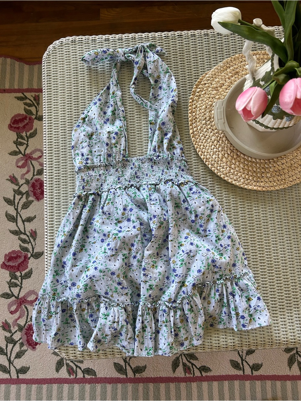 aerie Light Blue Floral Halter Mini Dress